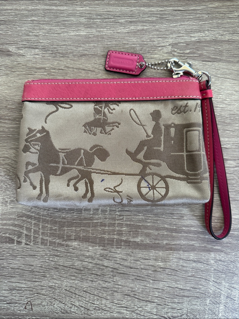 Coach Beige Signature Horse and Carriage Wristlet with Pink Trim Hangtag Project